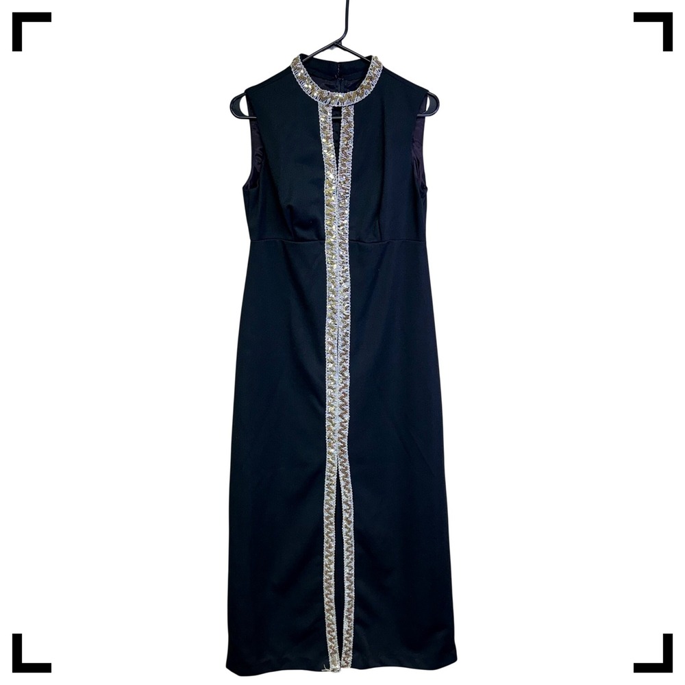 Vintage 60s Maxi Dress Est Size 6 Black Sequin Mock Neck Sleeveless Retro Glam